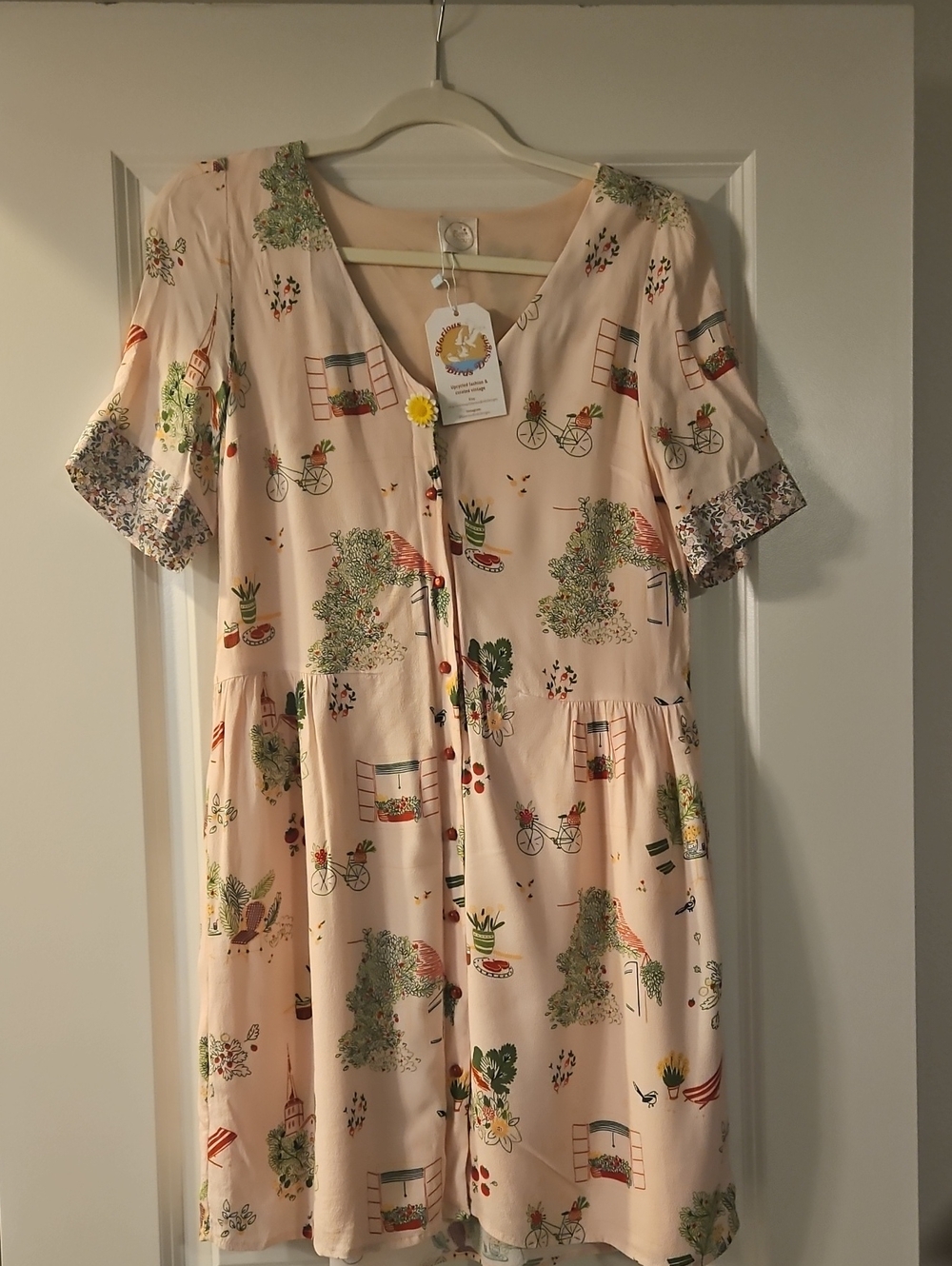 Des Petits Hauts Blush Pink Country Village Bicycle Print Dress Size XS